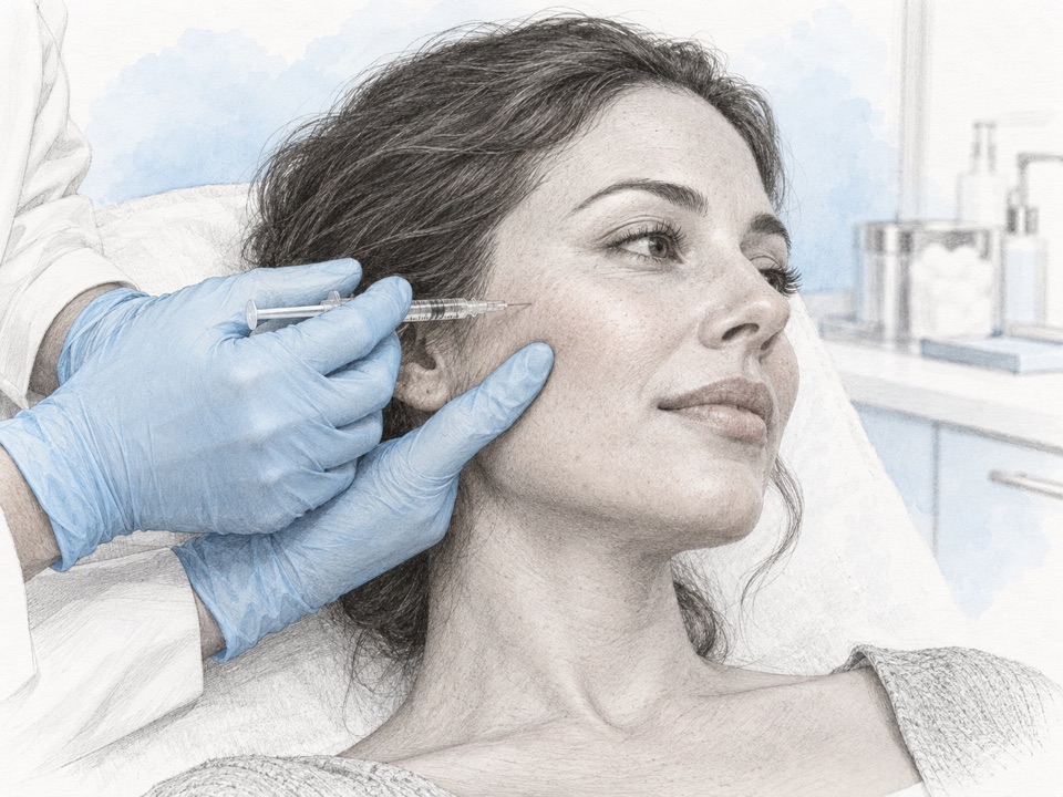 Generated illustration of a clinician preparing for a cheek-filler appointment.