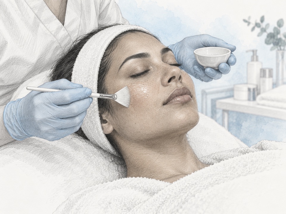 Generated illustration of a clinician applying a chemical peel with a soft fan brush.