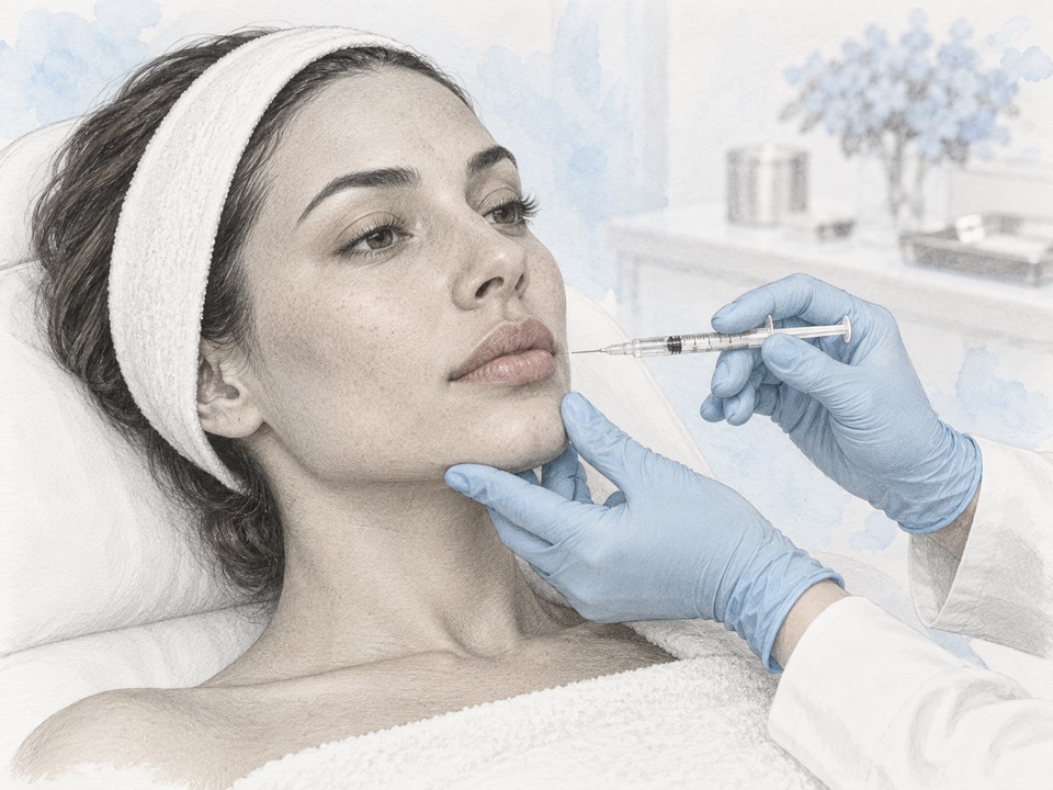 Generated illustration of a clinician preparing for a lip-filler appointment.