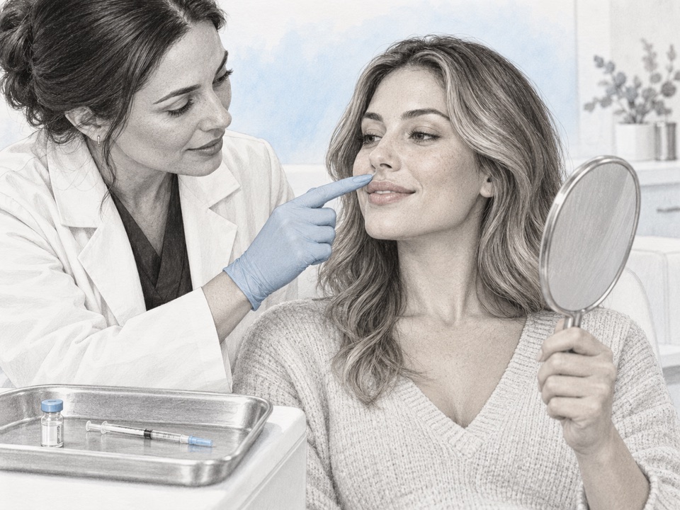 Generated illustration of a clinician discussing upper-lip movement during a lip-flip consultation.