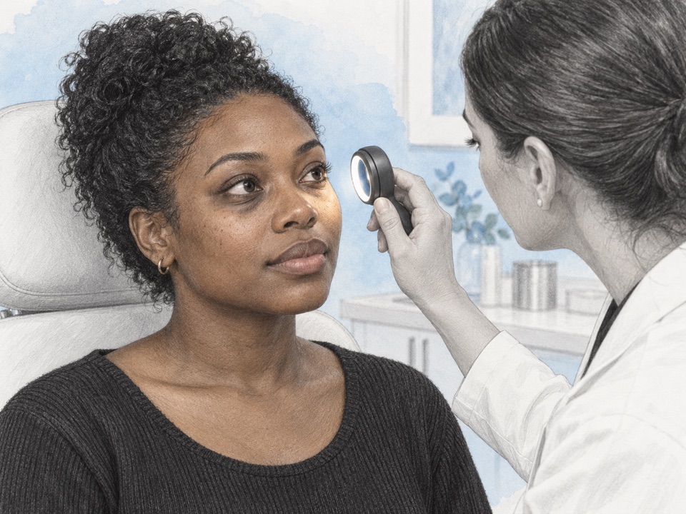 Generated illustration of a clinician examining under-eye skin and pigmentation with an examination light.