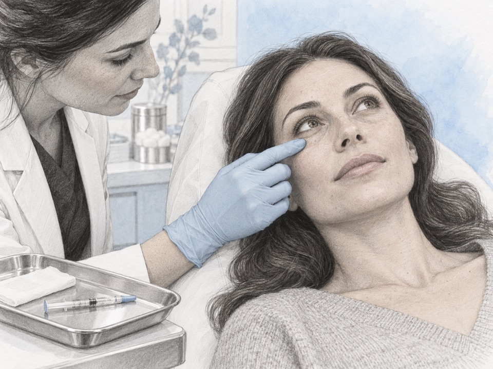 Generated illustration of a clinician assessing the under-eye area before a filler decision.