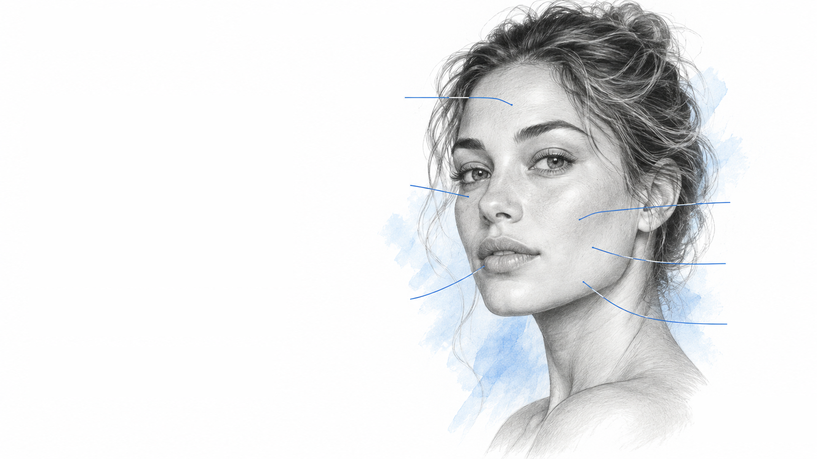 A graphite drawing of a woman's face on a white page, with fine blue lines marking six areas.