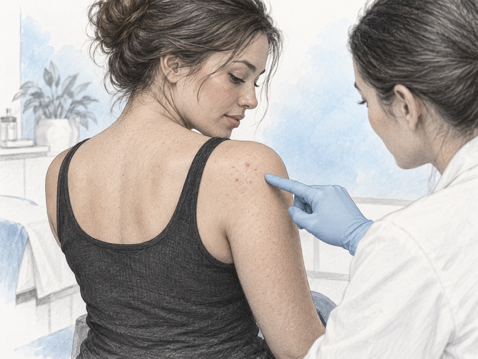 Generated illustration of a clinician examining a few active breakouts on a woman’s upper shoulder.
