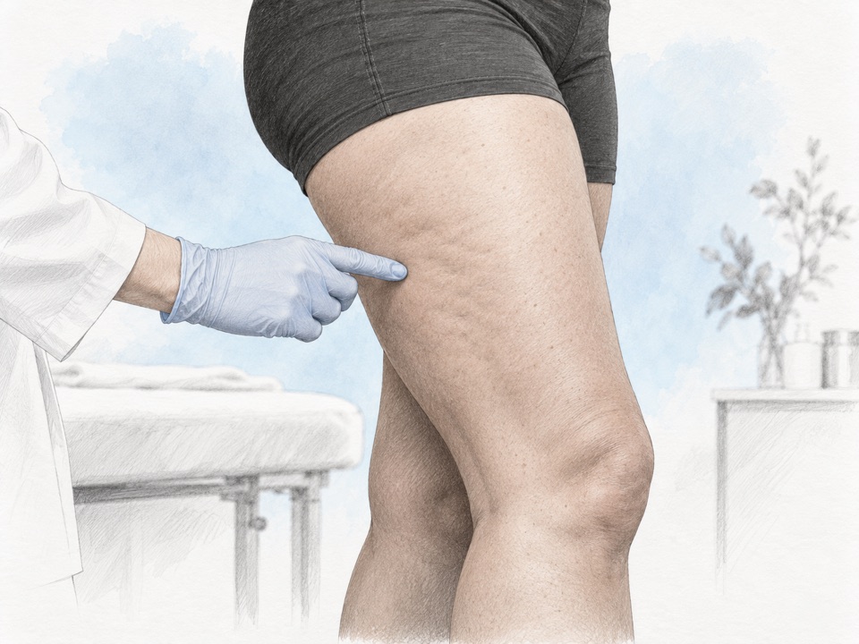 Generated illustration of a clinician examining subtle dimpling on the outer thigh.