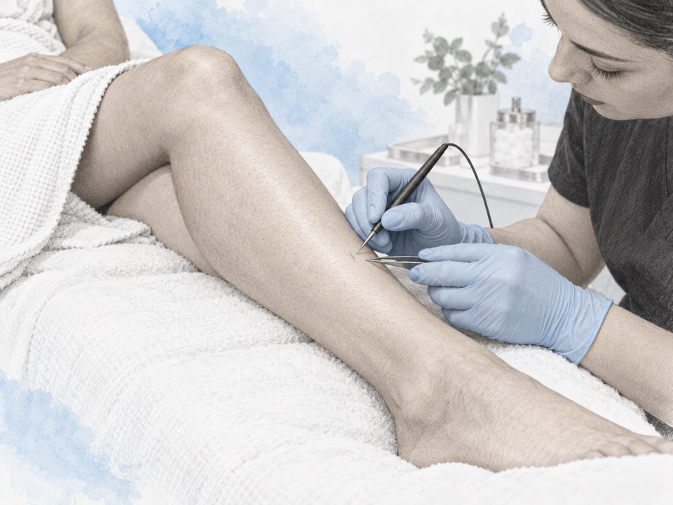 Generated illustration of an electrologist holding a fine probe and tweezers near a hair on the lower leg.
