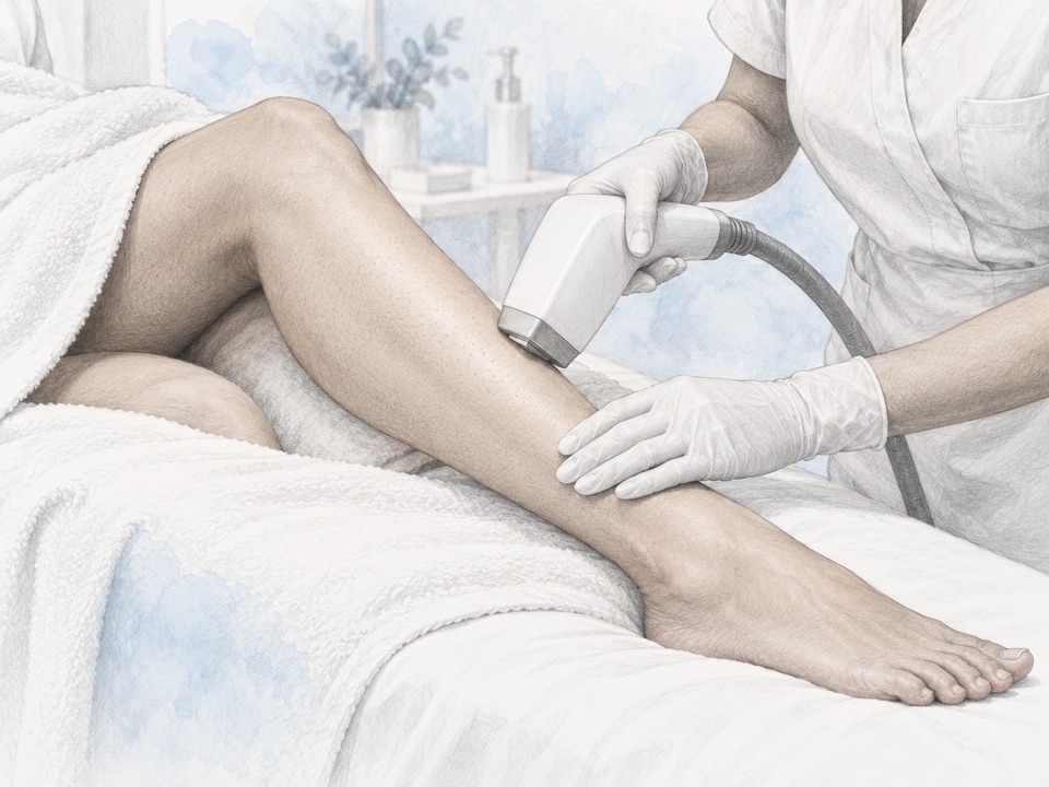 Generated illustration of a gloved clinician positioning a laser hair-removal handpiece on the lower leg.
