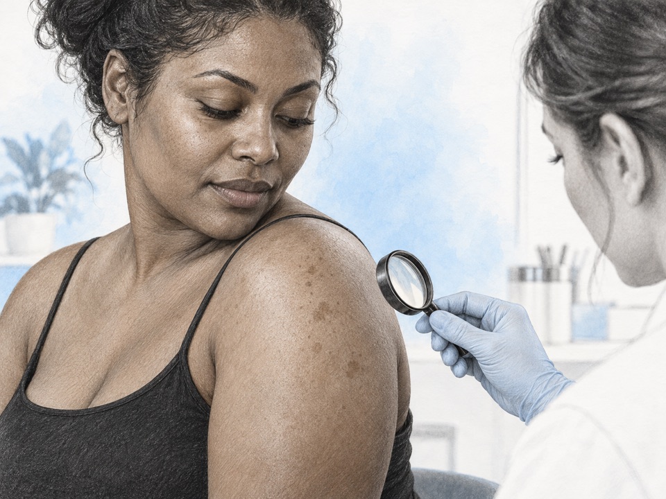 Generated illustration of a clinician examining flat darker marks on a woman’s shoulder with a magnifier.