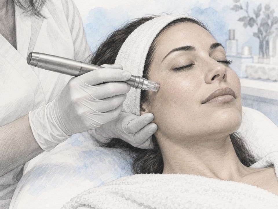 Generated illustration of a gloved clinician using a pen-shaped microneedling device on a woman’s cheek.