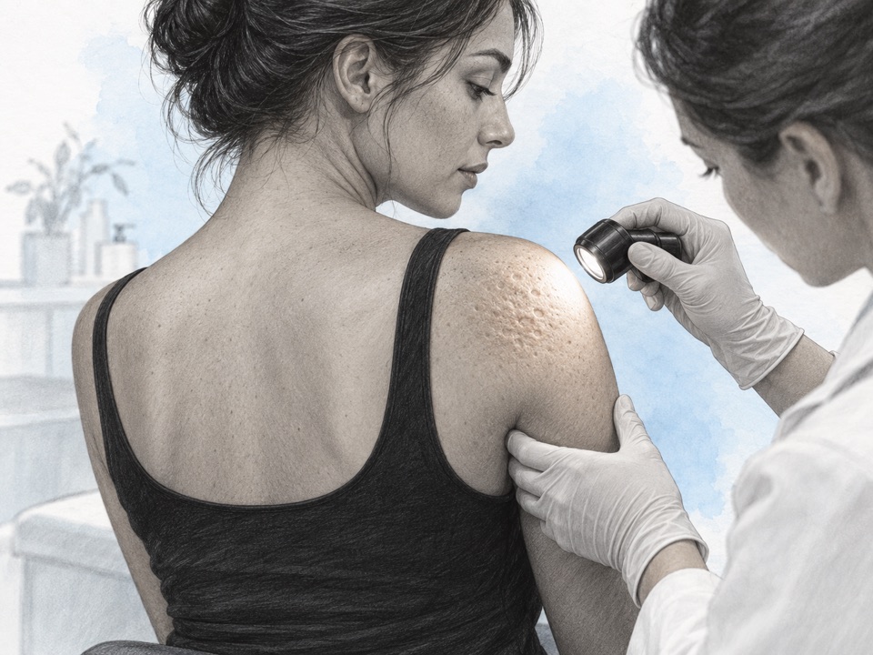 Generated illustration of a clinician using angled examination light to assess healed indented scars on a shoulder.