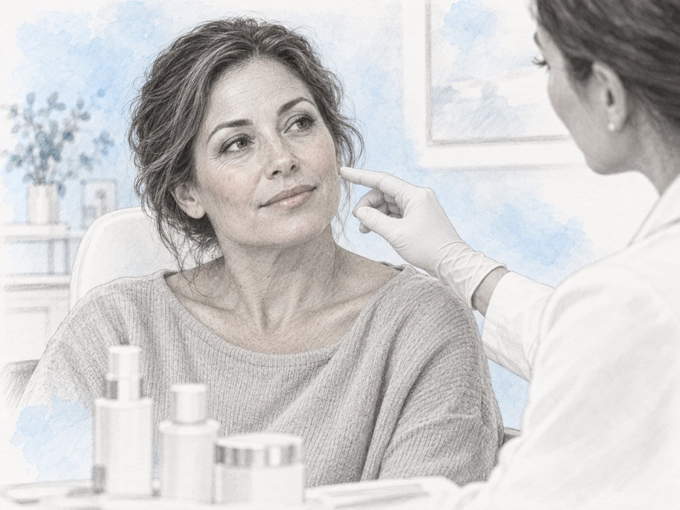 Generated illustration of a woman discussing her cheek and skin-care routine with a clinician.