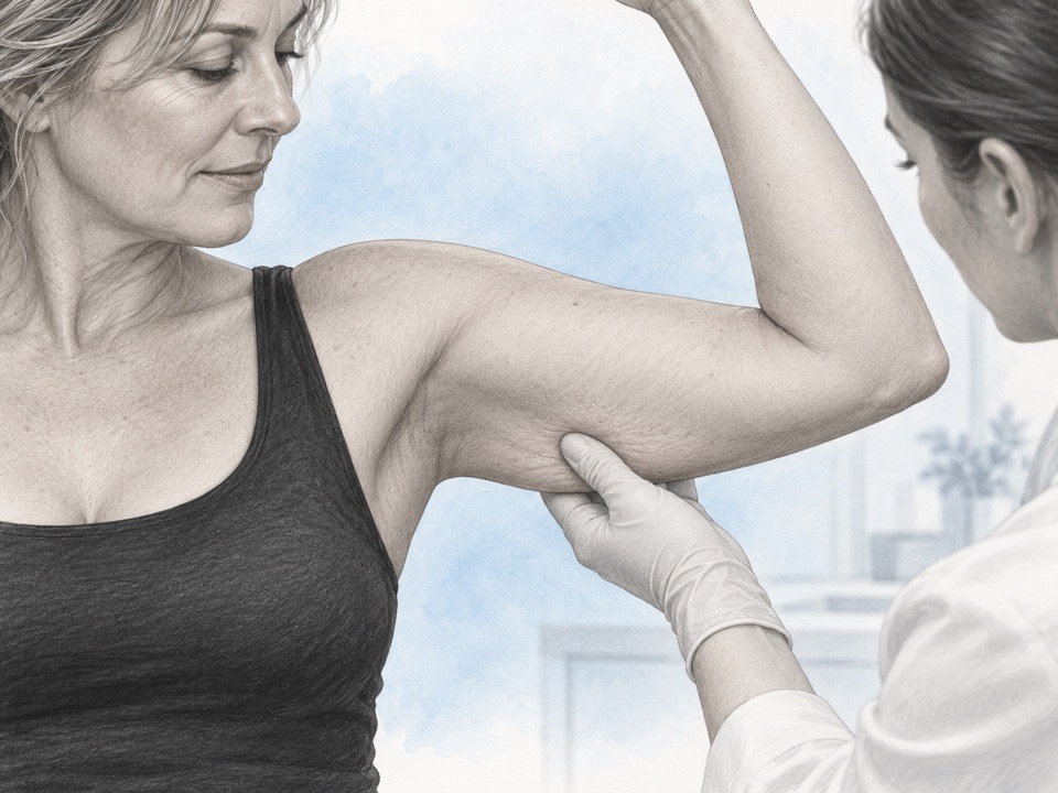 Generated illustration of a clinician gently assessing skin looseness beneath a raised upper arm.