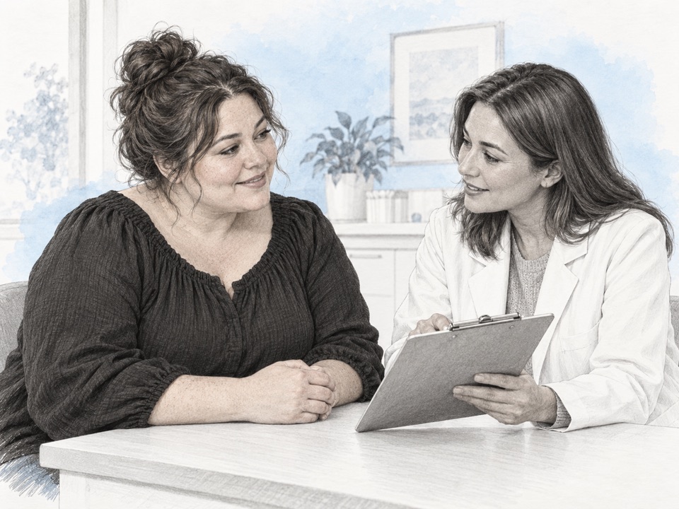 Generated illustration of a woman and clinician discussing a medical assessment together over a clipboard.